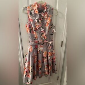 Jessica Howard silver and pink floral ruffled neck Midi Dress